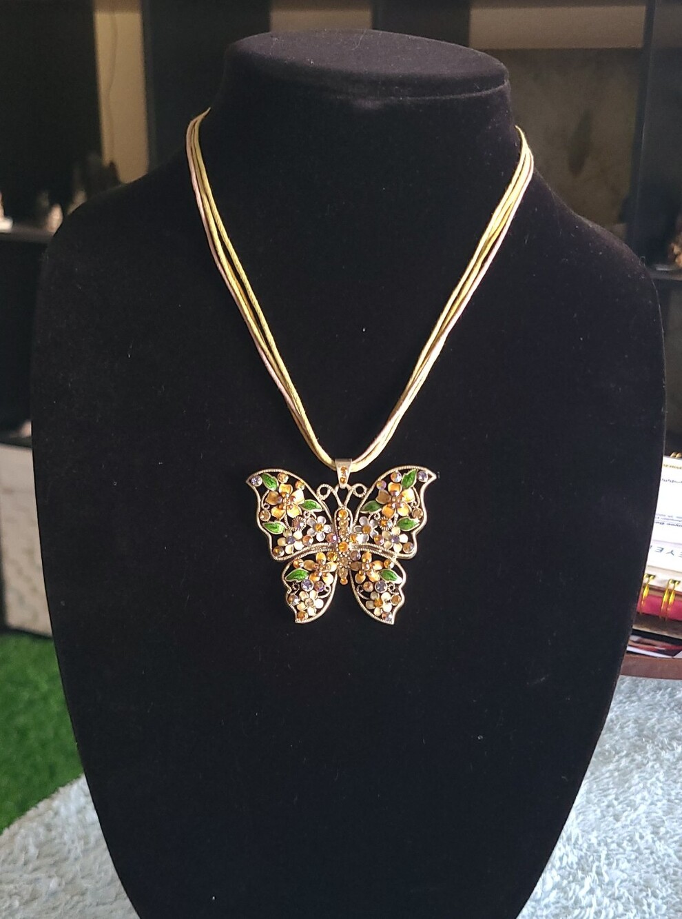 Butterfly Pendant Necklace with Green and Multicolor Crystal Accents